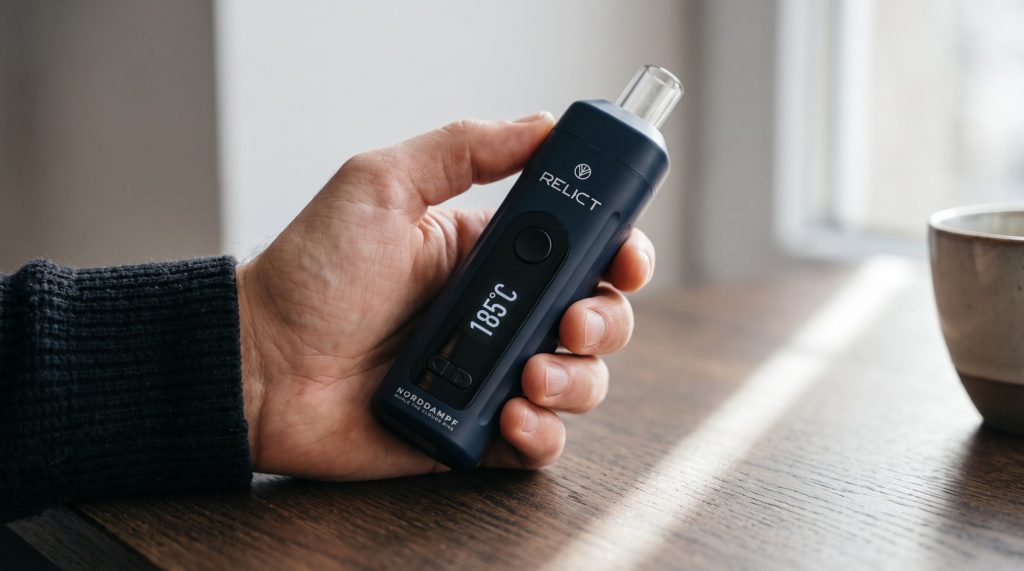 RELICT Vaporizer in der Hand mit Display bei 185 Grad Celsius