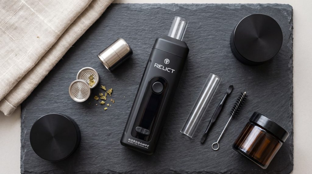 NORDDAMPF RELICT Deep Black mit Zubehör auf Schiefer