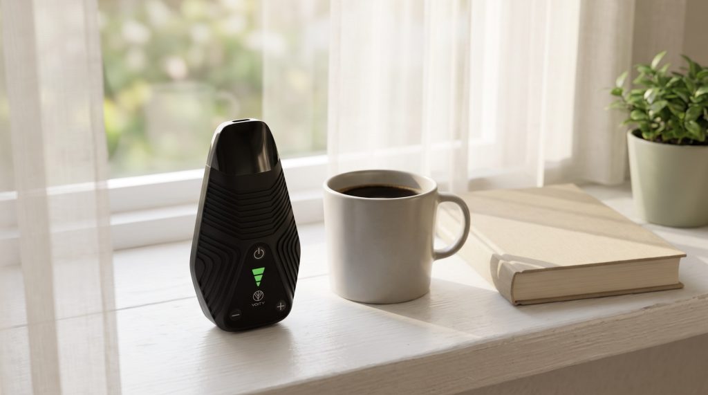 NORDDAMPF VOITY Vaporizer auf einem Fensterbrett neben Kaffeetasse